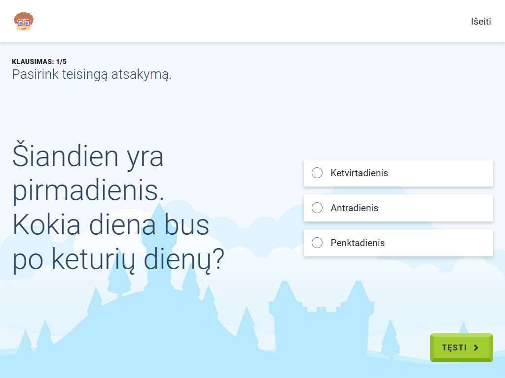 Gudrutis Dutis pratimo "Būsimos savaitės dienos pavadinimas", skirto priešmokyklinės grupės matematikai, užduoties pavyzdys (4)