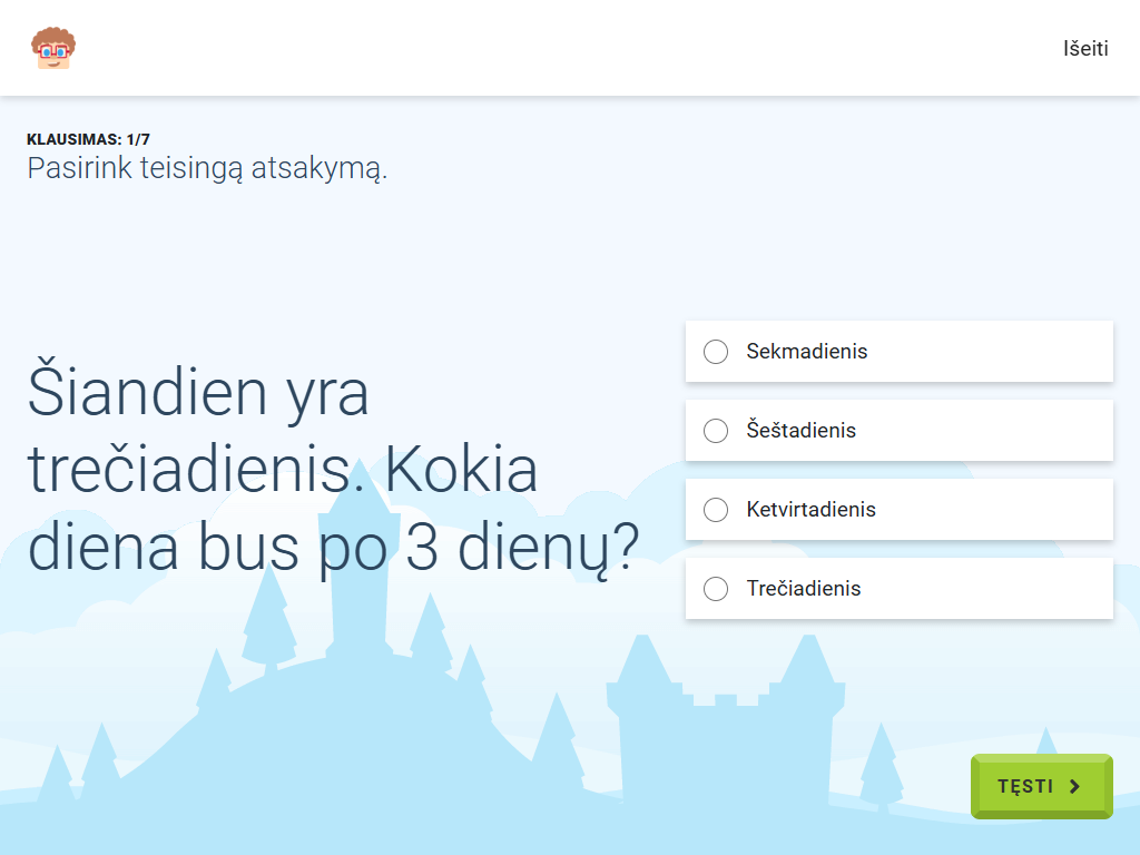 Gudrutis Dutis pratimo "Būsimos savaitės dienos pavadinimas", skirto priešmokyklinės grupės matematikai, užduoties pavyzdys (5)