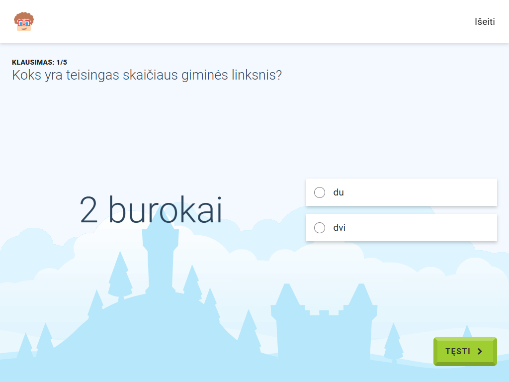 Gudrutis Dutis pratimo "Skaičiaus 2 giminės linksniai", skirto priešmokyklinės grupės matematikai, užduoties pavyzdys (2)