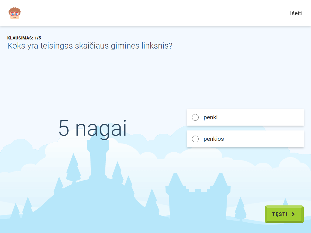 Gudrutis Dutis pratimo "Skaičiaus 5 giminės linksniai", skirto priešmokyklinės grupės matematikai, užduoties pavyzdys (5)