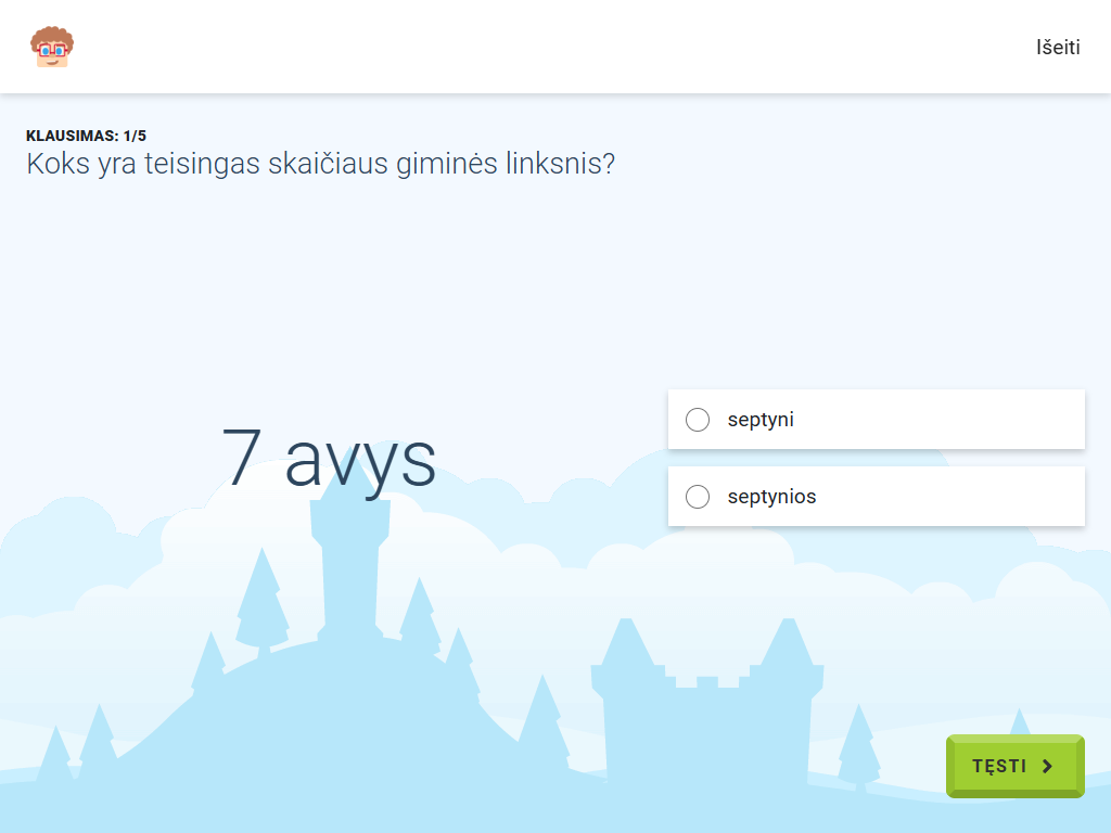 Gudrutis Dutis pratimo "Skaičiaus 7 giminės linksniai", skirto priešmokyklinės grupės matematikai, užduoties pavyzdys (1)