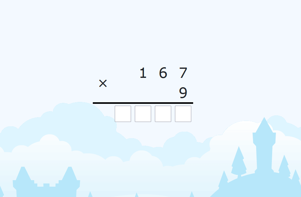 Daugyba stulpeliu iki 10 000 iš vienaženklio skaičiaus