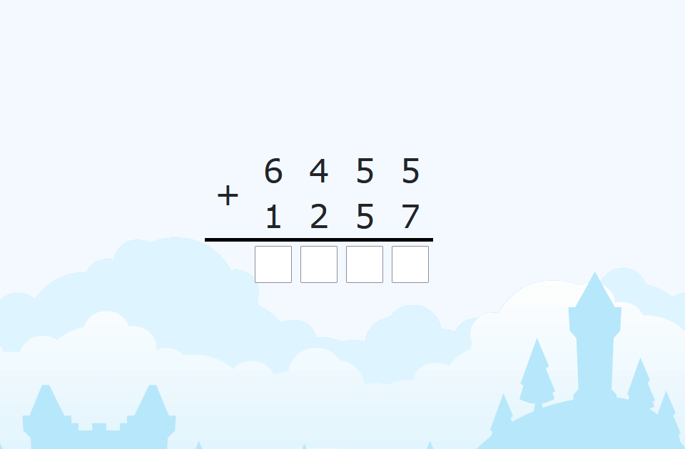 Gudrutis Dutis pratimo "Sudėtis stulpeliu iki 10 000", skirto trečios klasės matematikai, užduoties pavyzdys (1)